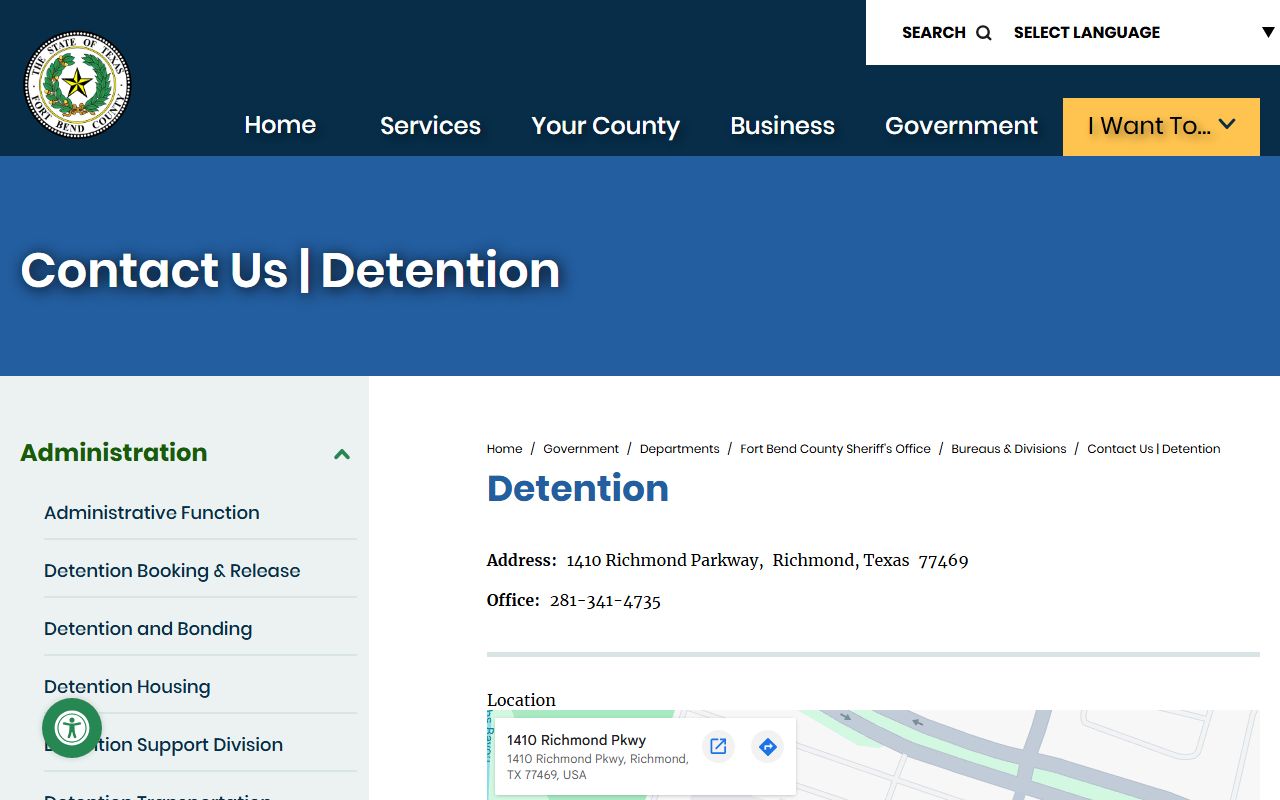Fort Bend County Detention contact page showing the jail address and office phone