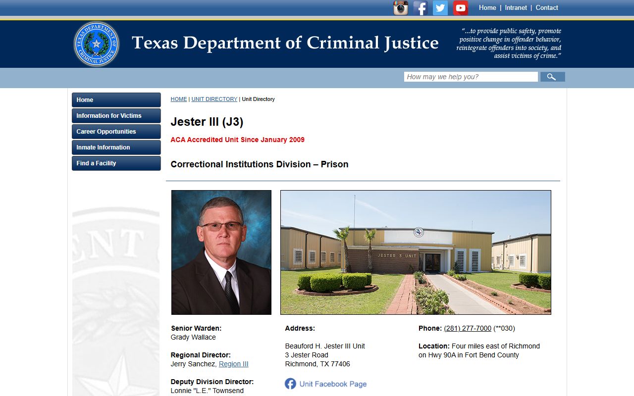 TDCJ Beauford H. Jester III Unit directory page