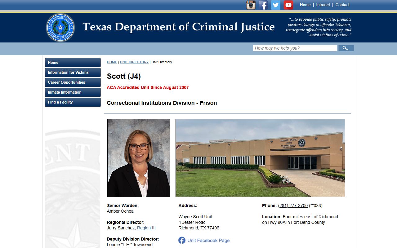 TDCJ Wayne Scott Unit directory page