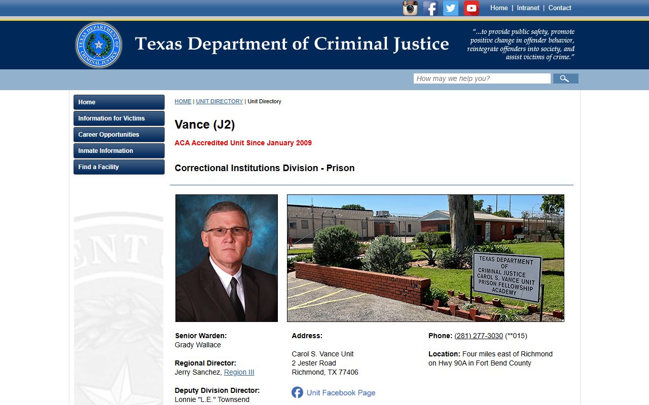 TDCJ Carol S. Vance Unit directory page
